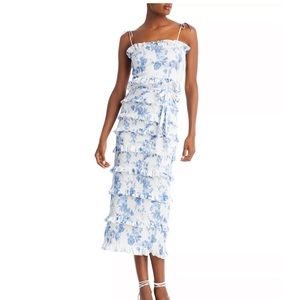 V. Chapman Lily Smocked Floral Print Ruffle Trim Midi Dress